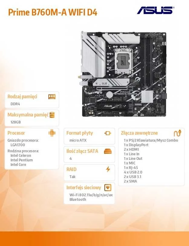 Pagrindinė plokštė ASUS PRIME B760M-A WIFI D4, LGA1700, Micro-ATX, DDR4