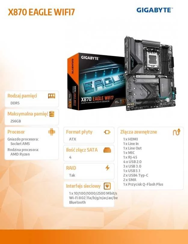 Pagrindinė plokštė GIGABYTE X870 EAGLE WIFI7 AM5 ATX MB