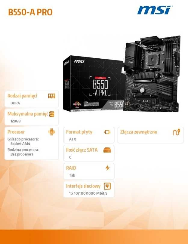 Pagrindinė plokštė MSI B550-A PRO, AM4, DDR4
