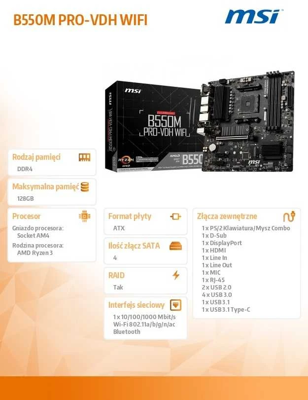 Pagrindinė plokštė MSI B550M PRO-VDH Wi-Fi | AMD procesorių šeima | Procesoriaus lizdas AM4 | DDR4 | Atminties lizdai 4 | SATA jungčių skaičius 4 | Lustų rinkinys AMD B | Mikro ATX