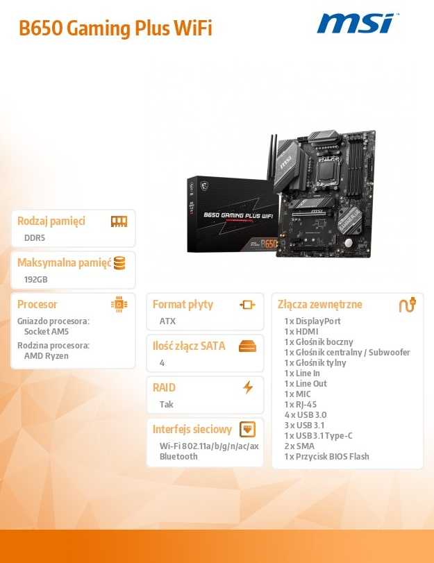 Pagrindinė plokštė MSI AMD B650 GAMING PLUS WIFI, SAM5, ATX