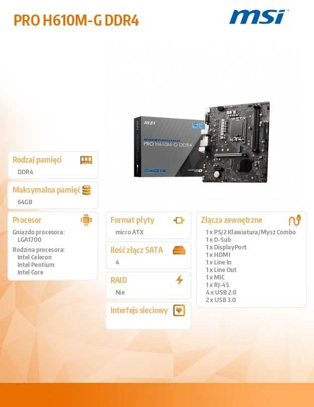 Pagrindinė plokštė MSI PRO H610M-G DDR4/LGA1700/MicroATX/Atminties lizdai 2/1xPCI-Express 3.0 1x/1xPCI-Express 4.0 16x/1xM.2/1x15pin D-sub/1xHDMI/1xDisplayPort/2xAudio-In/1xAudio-Out/4xUSB 2.0/2xUSB 3.2/1xPS/2/1xRJ45