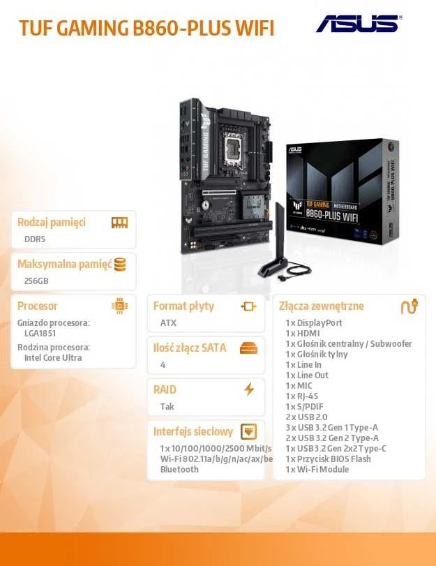 ASUS TUF GAMING B860-PLUS WIFI Intel B860 LGA 1851 (Socket V1) ATX pagrindinė plokštė