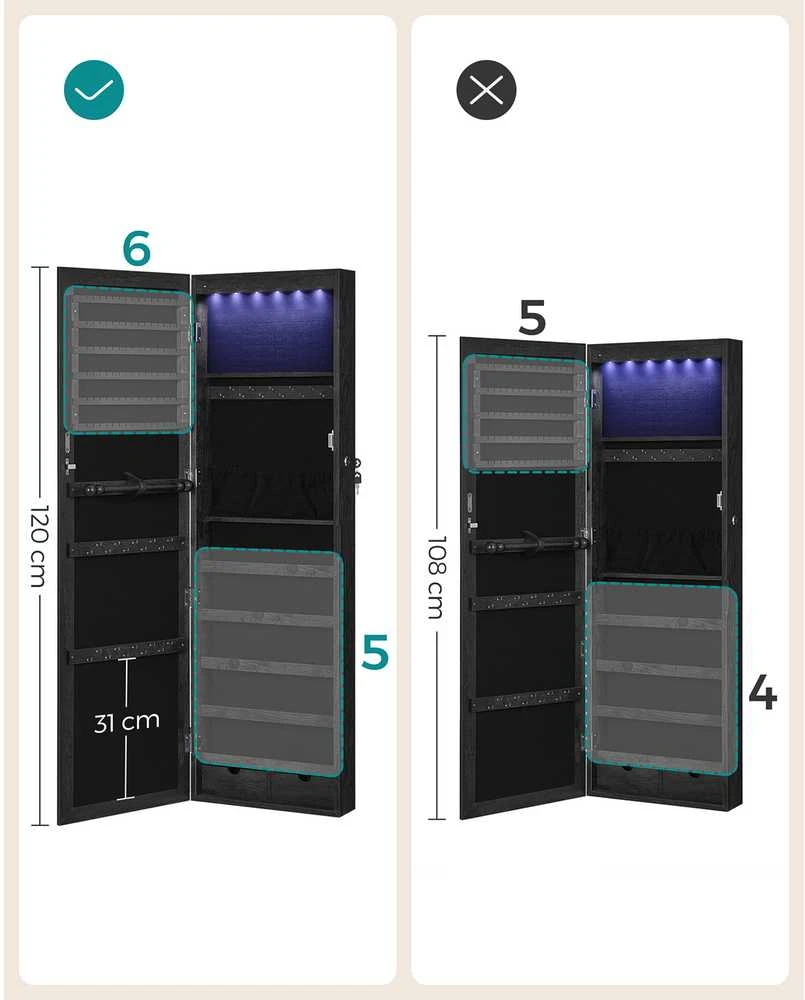 Songmics Pakabinama veidrodinė juoda MDF papuošalų spintelė