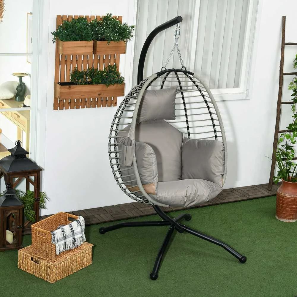 Outsunny pakabinamas krėslas, sūpynės su puodelio laikikliu, sulankstoma sėdynė, pakabinama kėdė su pagalvėlėmis, rotango imitacija, keliamoji galia iki 120 kg, plienas, pilka