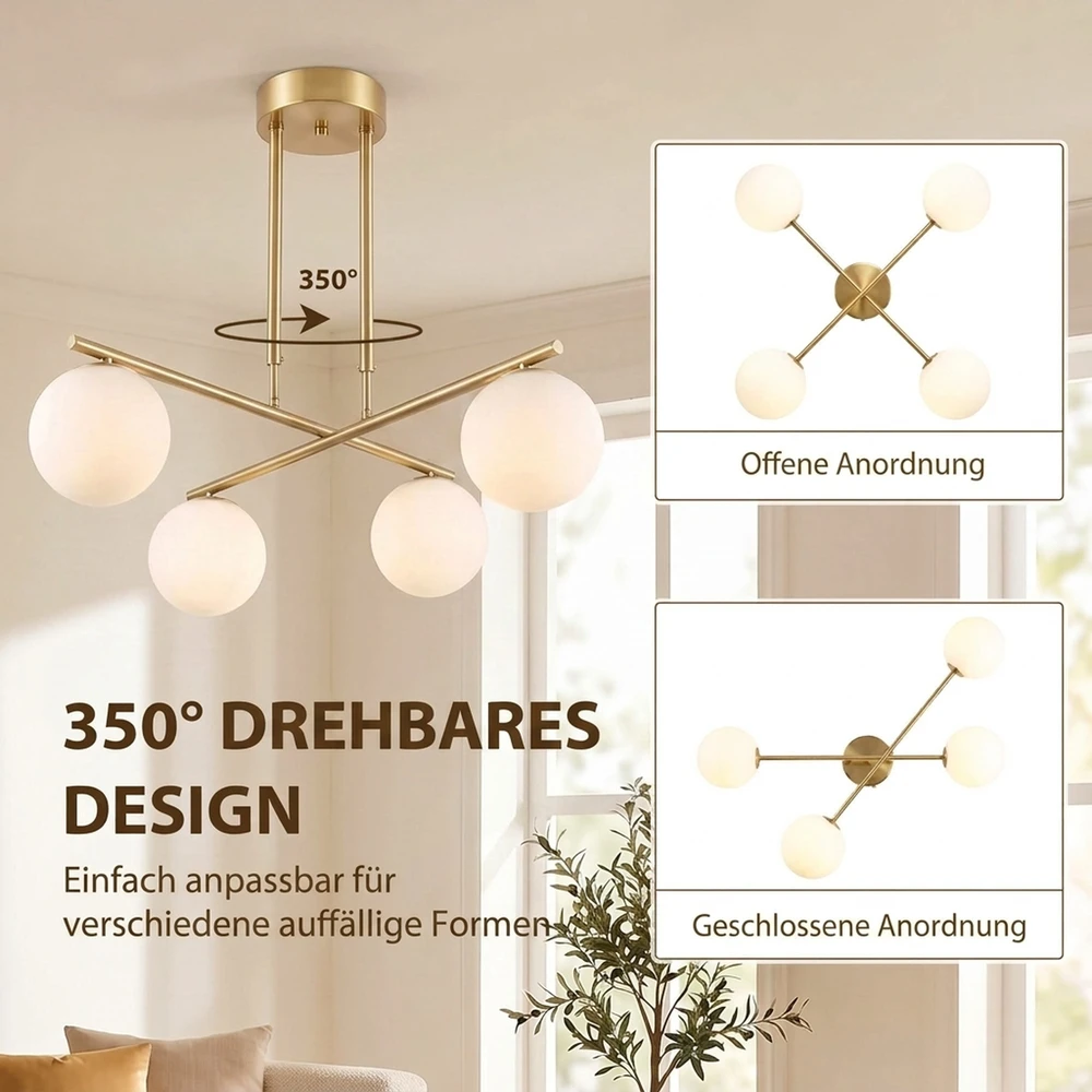 Pakabinamas šviestuvas su 4 G9 lizdais, reguliuojamo aukščio, aukso ir baltos spalvos, 75 × 75 × 55 cm