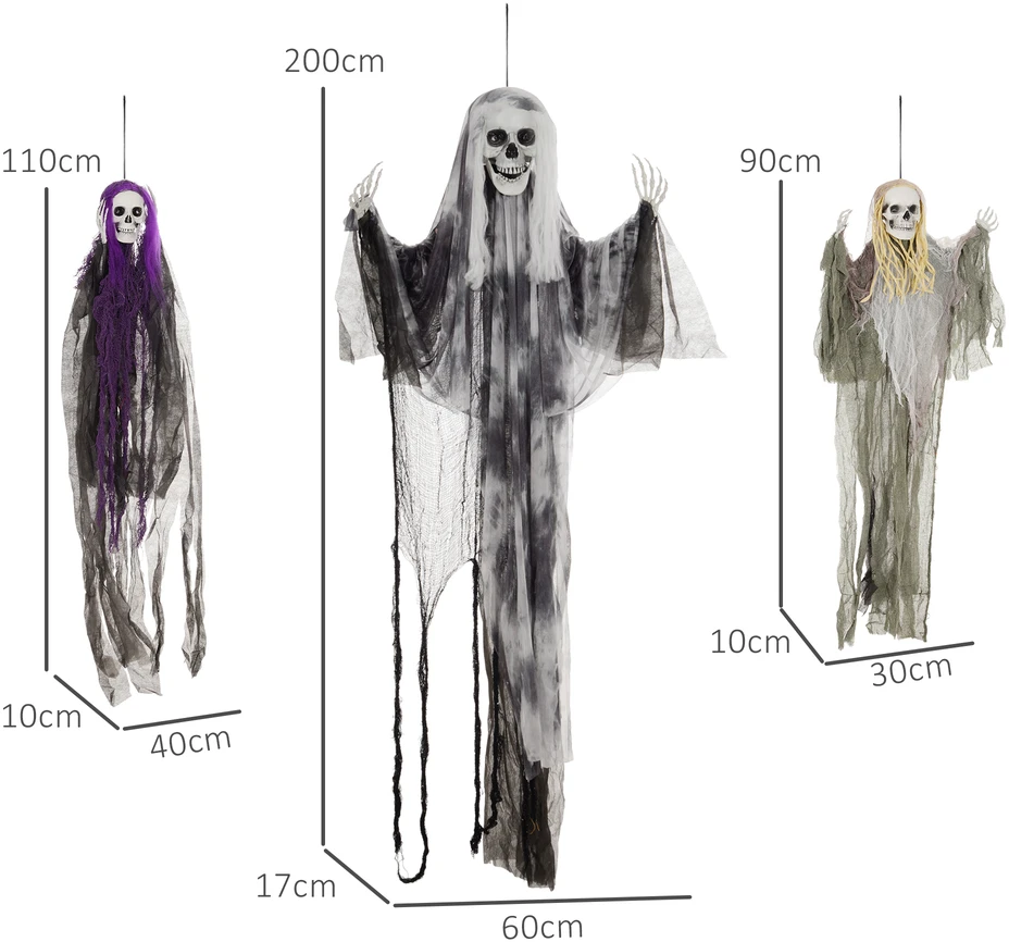 HOMCOM 3 Helovino dekoracijų rinkinys 200cm Kabantis skeletas su reguliuojamomis rankomis, priekinių durų dekoracija, natūralaus dydžio vaiduoklių namų rekvizitas, skirtas kiemo vejai, sodui, vakarėliui