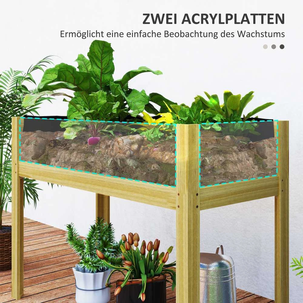 Outsunny pakelta lysvė su akrilinėmis plokštėmis, paaukštinta lysvė prieskoninėms žolelėms su drenažo skylėmis, medinė sodinimo dėžė, orams atspari lysvė daržovėms, sodo lysvė, sodinimo lovys sodui, balkonui, 110 x 50 x 80 cm, natūralaus medžio spalvos