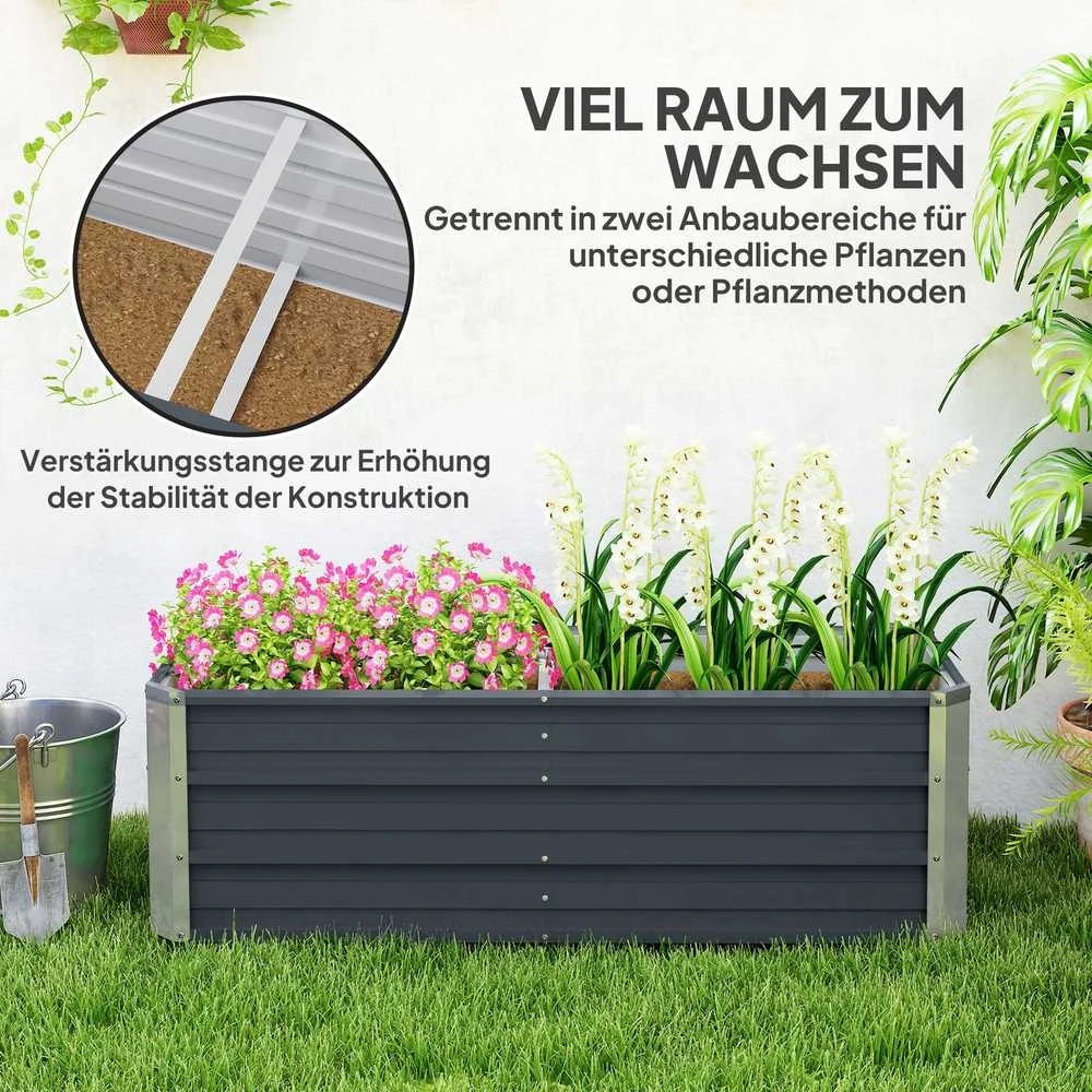 Outsunny plieninė pakelta lysvė, sodo lysvė, lovys augalams, gėlių dėžė, gėlių vazonas su pirštinėmis, anglies pilka, 125 x 47 x 40 cm