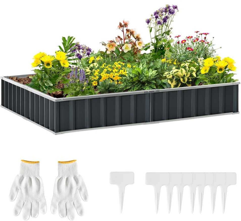 Outsunny DIY plieninė pakelta lysvė, sodo lysvė su T formos augalų žymekliais ir pirštinėmis, tamsiai pilka
