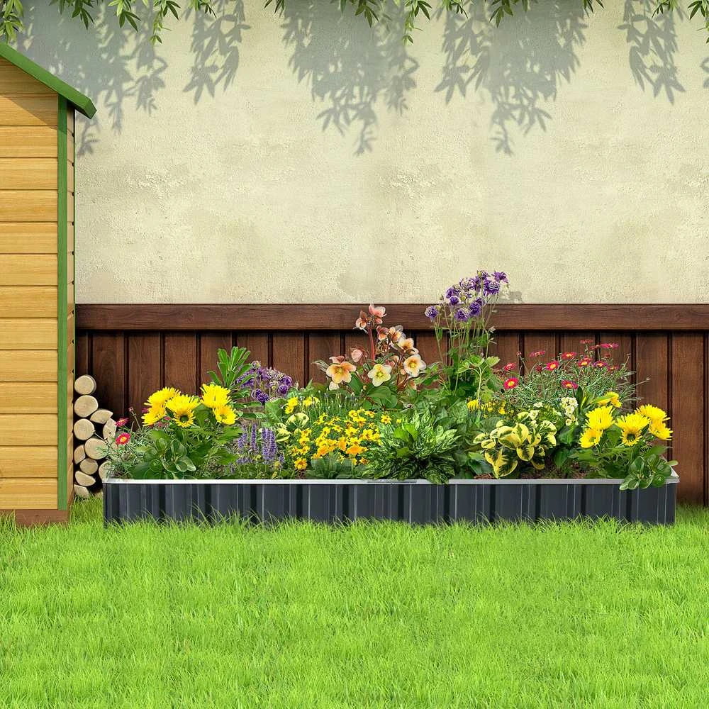Outsunny DIY plieninė pakelta lysvė, sodo lysvė su T formos augalų žymekliais ir pirštinėmis, tamsiai pilka
