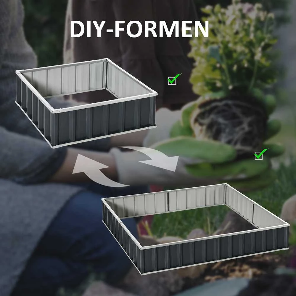 Outsunny DIY plieninė pakelta lysvė, sodo lysvė su T formos augalų žymekliais ir pirštinėmis, tamsiai pilka