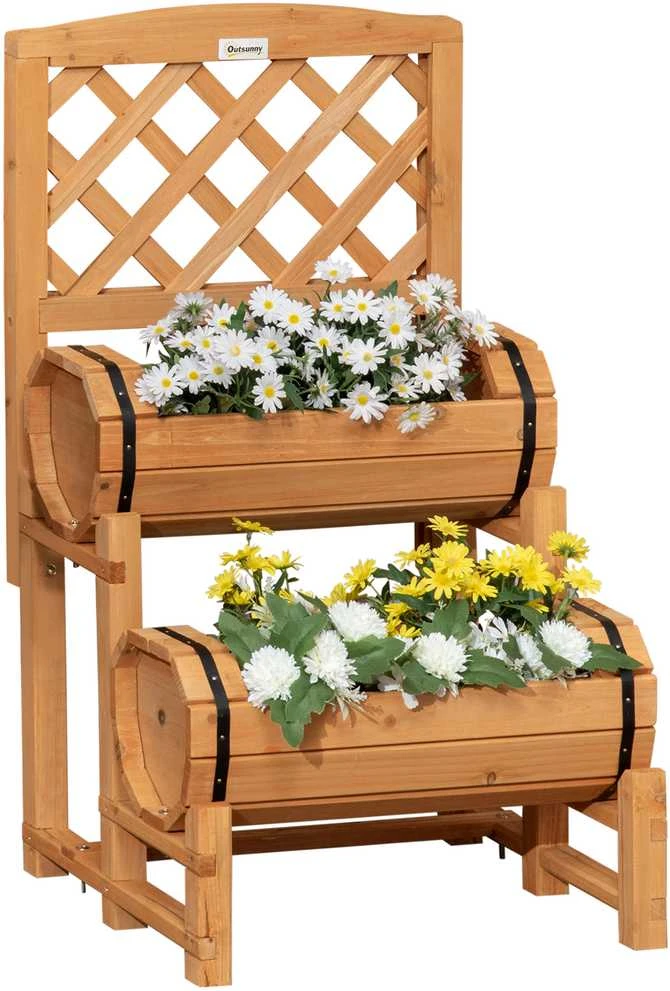 Outsunny pakelta lysvė, medinė gėlinė su atrama vijokliniams augalams, kaimiško stiliaus augalų dėžė, daržovių lysvė sodui, terasai, balkonui, geltona, 45 x 45 x 80 cm