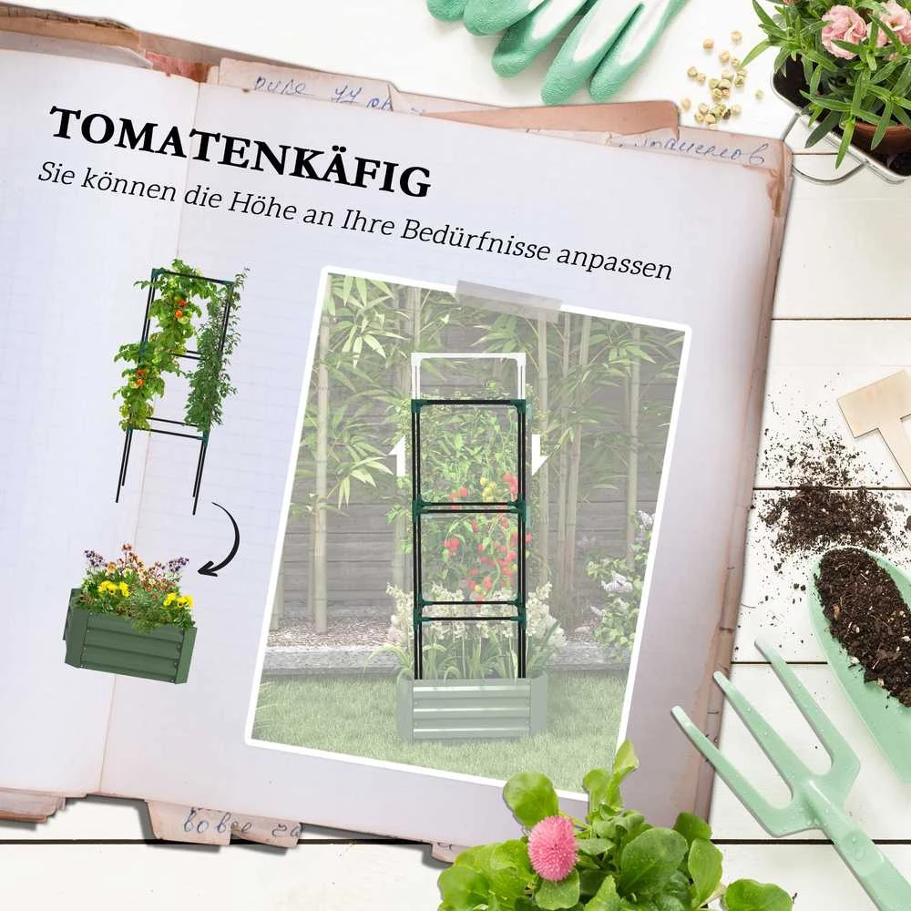 Outsunny pakelta lysvė su atrama vijokliniams augalams, gėlių dėžė su atviru dugnu, daržovių lysvė, sodinimo dėžė, prieskoninių augalų lysvė sodui, balkonui, cinkuotas plienas, žalia