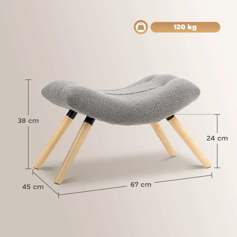 HOMCOM sėdima taburetė, kojų atrama su berberų vilnos audiniu, paminkštinta taburetė iki 120 kg, svetainei, miegamajam, 67 x 45 x 38 cm, šviesiai pilka