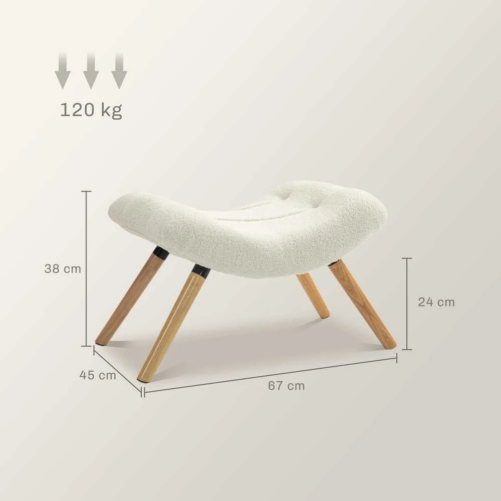 HOMCOM sėdimas pufas, kojų atrama su berberų vilnos audiniu, paminkštintas pufas, atlaikantis iki 120 kg, svetainei, miegamajam, 60,5 x 45 x 38 cm, kreminės baltos spalvos