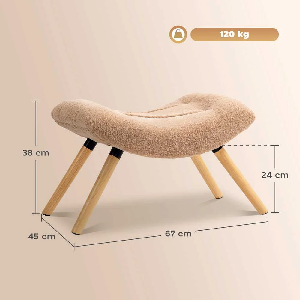 HOMCOM sėdimas pufas, kojų atrama su berberų vilnos audiniu, paminkštintas pufas iki 120 kg apkrova, svetainei, miegamajam, 67 x 45 x 38 cm, rudas