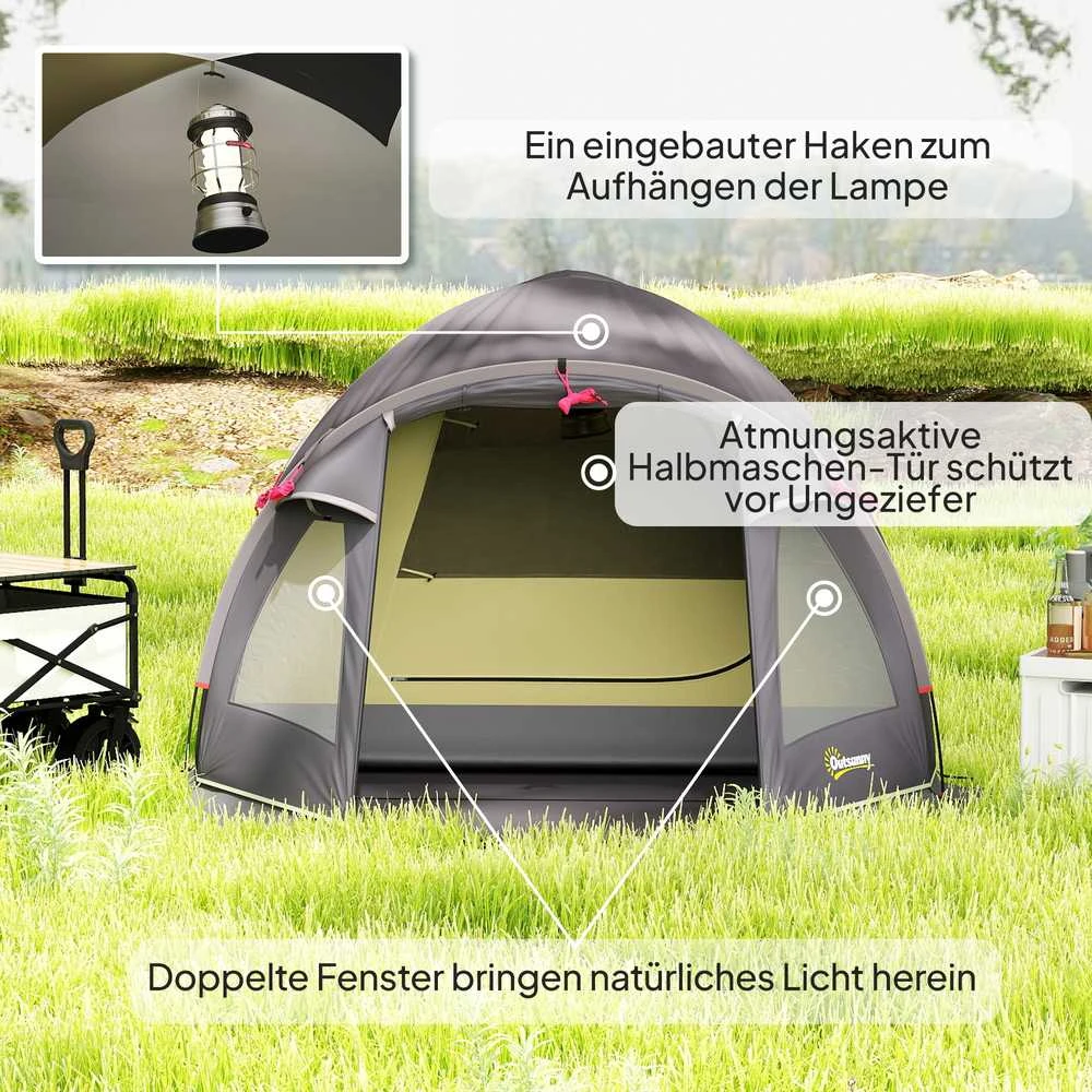 Outsunny kempingo palapinė 4 asmenims, lengva, stabili, atspari vandeniui, UV 50+ tunelio tipo palapinė su stogeliu, šoninėmis durimis ir langais, dugno danga, šeimyninė palapinė su 3000 mm vandens stulpeliu, skirta stovyklavimui, kelionėms, žygiams ir sodui