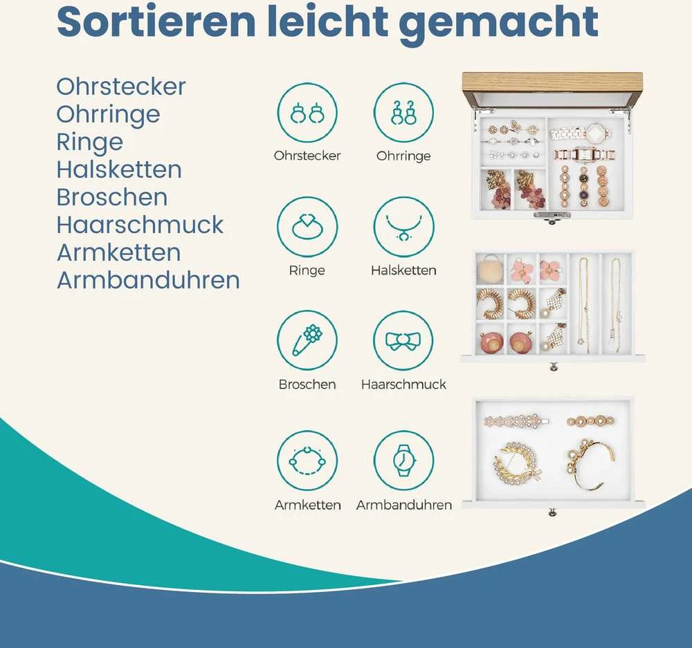 SONGMICS Elegantiška papuošalų dėžutė su veidrodžiu, balta