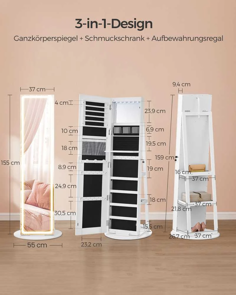 Songmics Papuošalų spintelė su LED apšvietimu ir veidrodžiu debesų baltumo