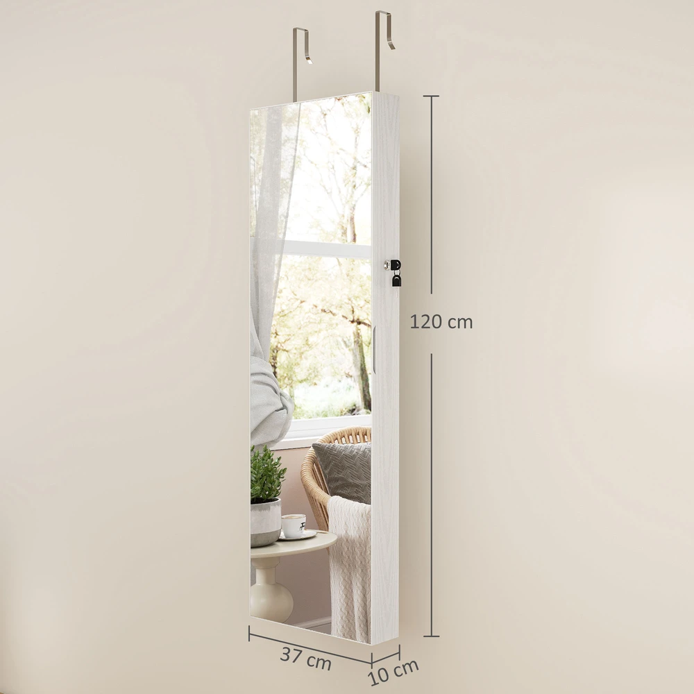 Papuošalų spinta su viso ūgio veidrodžiu ir LED apšvietimu, balta, 37 × 120 × 10 cm