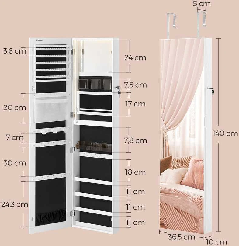 Songmics 140 cm aukščio papuošalų spintelė su vidiniu veidrodžiu debesų baltumo