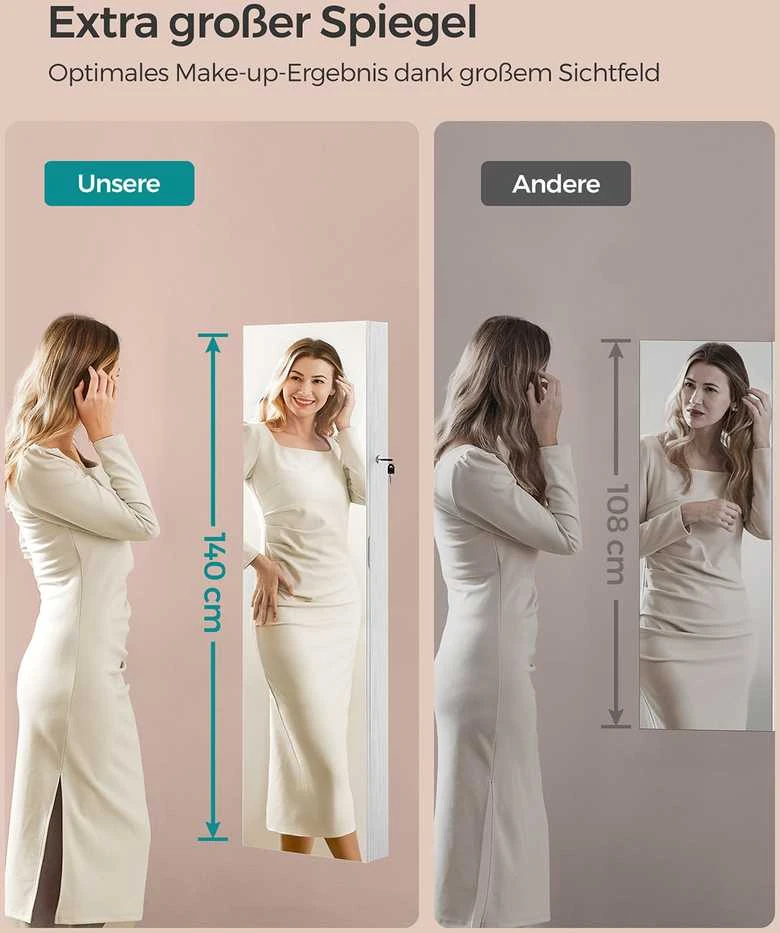 Songmics 140 cm aukščio papuošalų spintelė su vidiniu veidrodžiu debesų baltumo