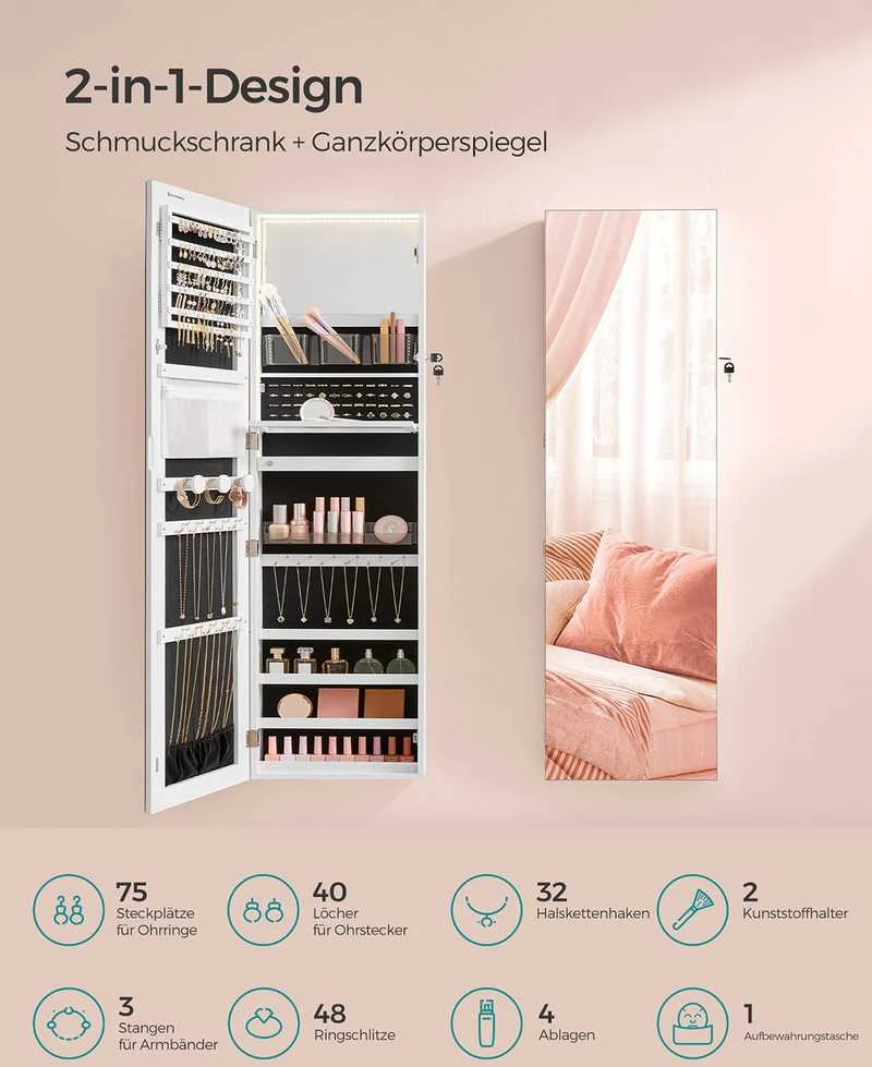Songmics 140 cm aukščio papuošalų spintelė su vidiniu veidrodžiu debesų baltumo