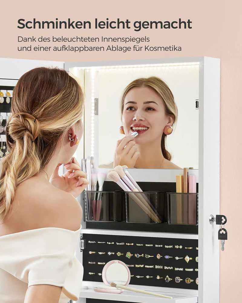 Songmics 140 cm aukščio papuošalų spintelė su vidiniu veidrodžiu debesų baltumo