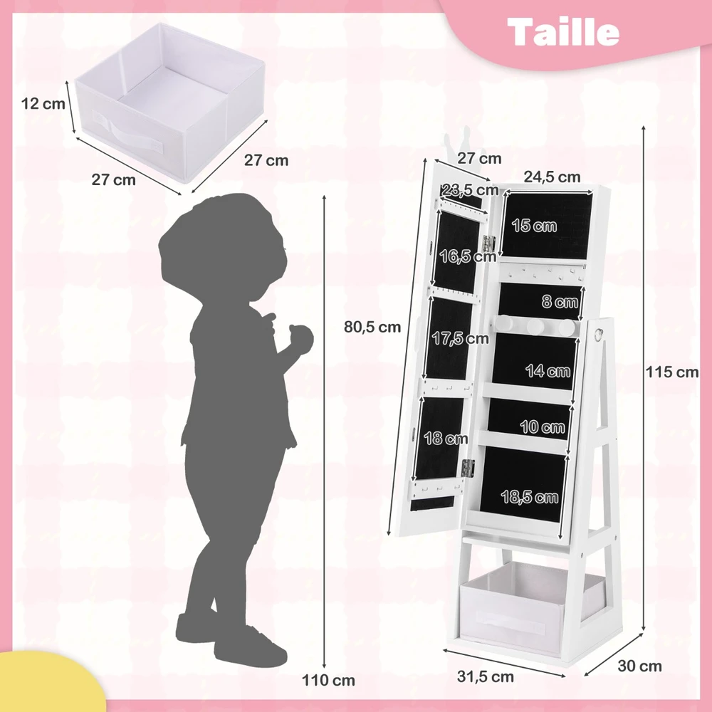Papuošalų spintelė su veidrodžiu rožinė/balta