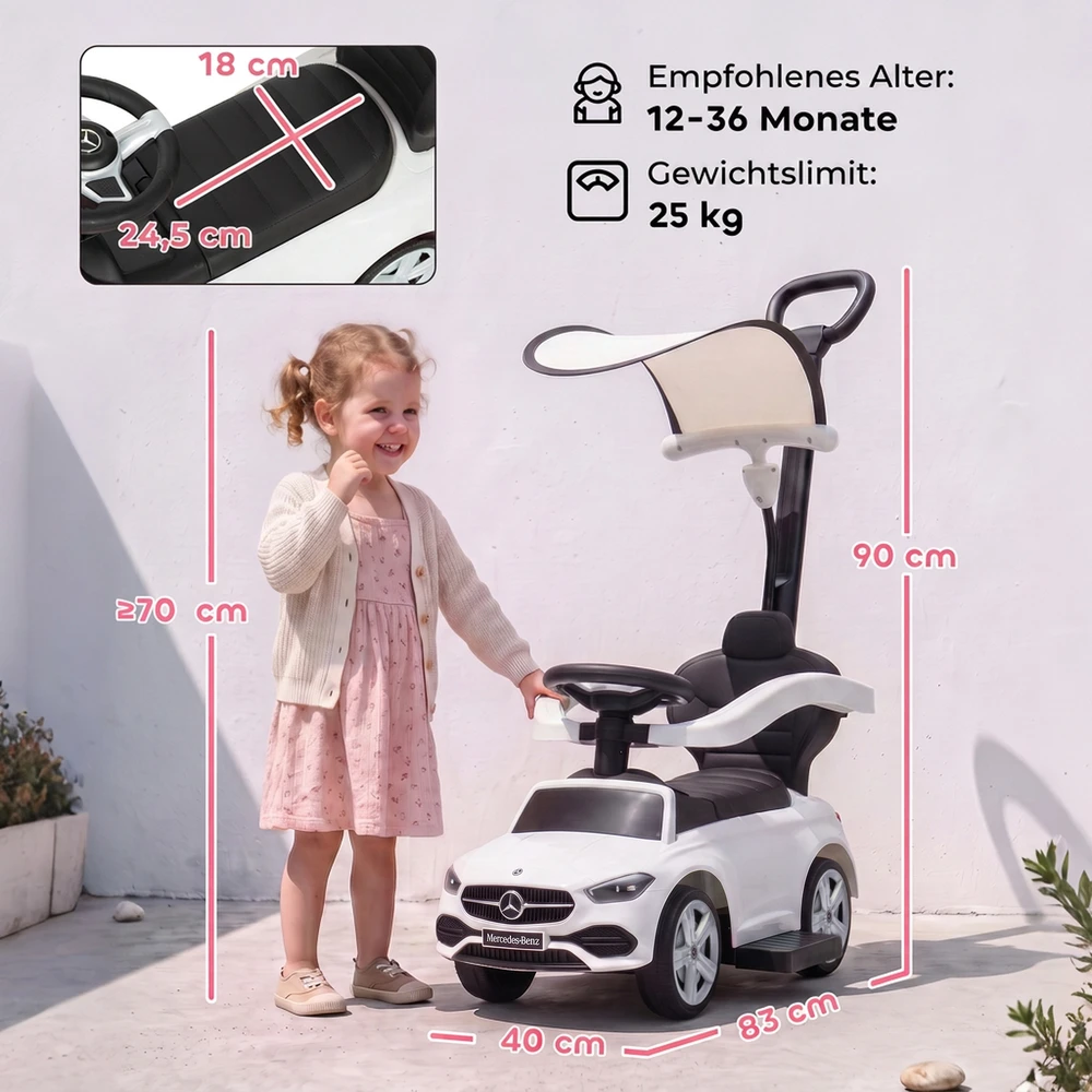 Paspiriama mašinėlė 3-in-1, licencijuota „Mercedes-Benz“, balta ir juoda, 83 x 40 x 90 cm