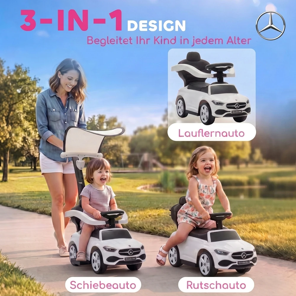 Paspiriama mašinėlė 3-in-1, licencijuota „Mercedes-Benz“, balta ir juoda, 83 x 40 x 90 cm