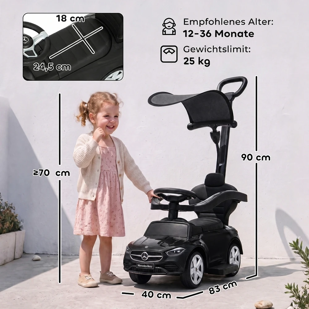 Paspiriama mašinėlė 3 viename, licencijuoto „Mercedes-Benz“ dizaino, juoda, 83 × 40 × 90 cm