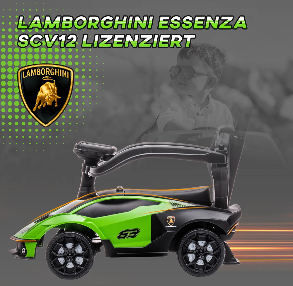 Paspiriama mašinėlė „Lamborghini“ su stūmimo rankena, žalia ir juoda, 86,5 × 40 × 89,5 cm