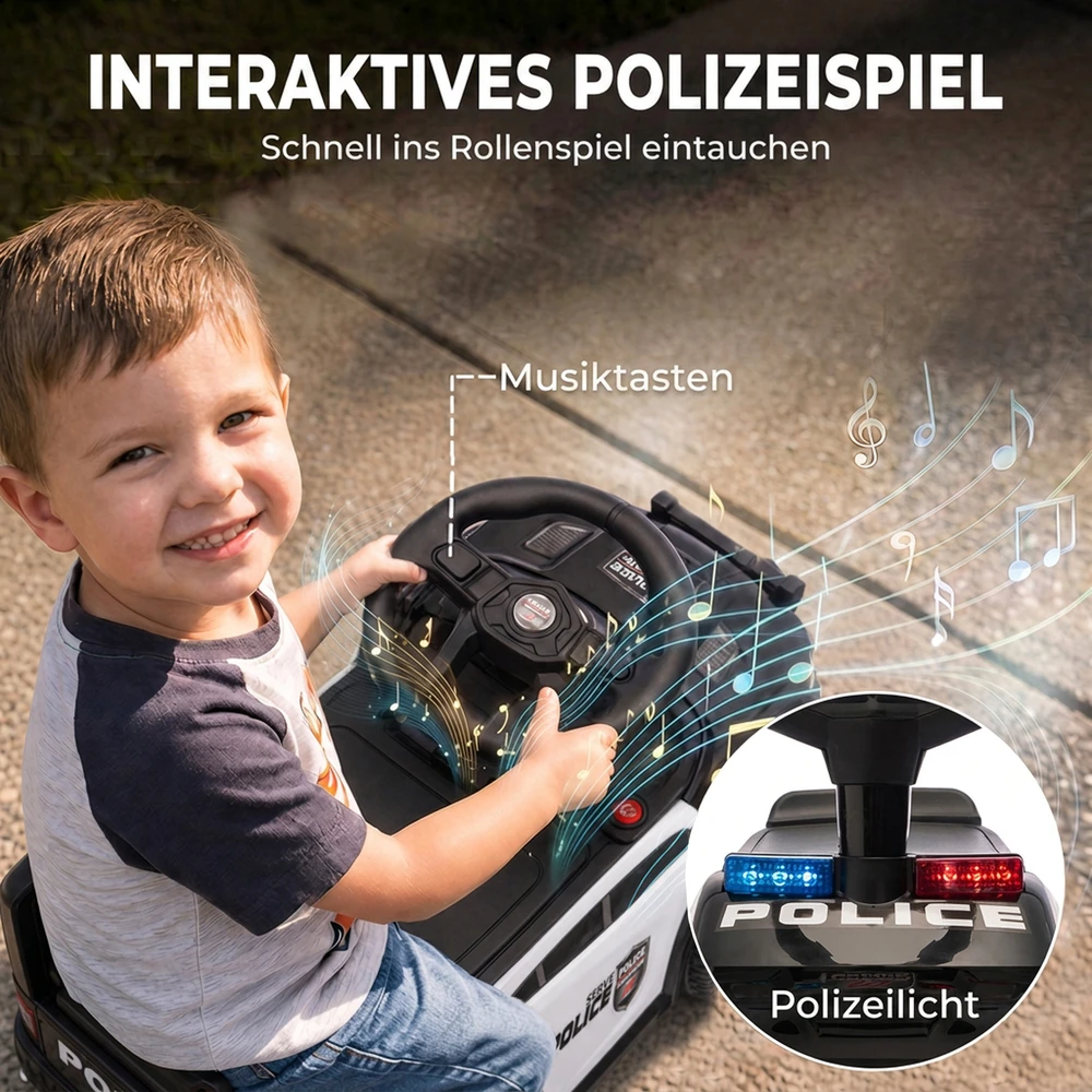Paspiriama mašinėlė policijos dizaino su šviesa ir muzika, juoda, 65 × 29,5 × 36 cm