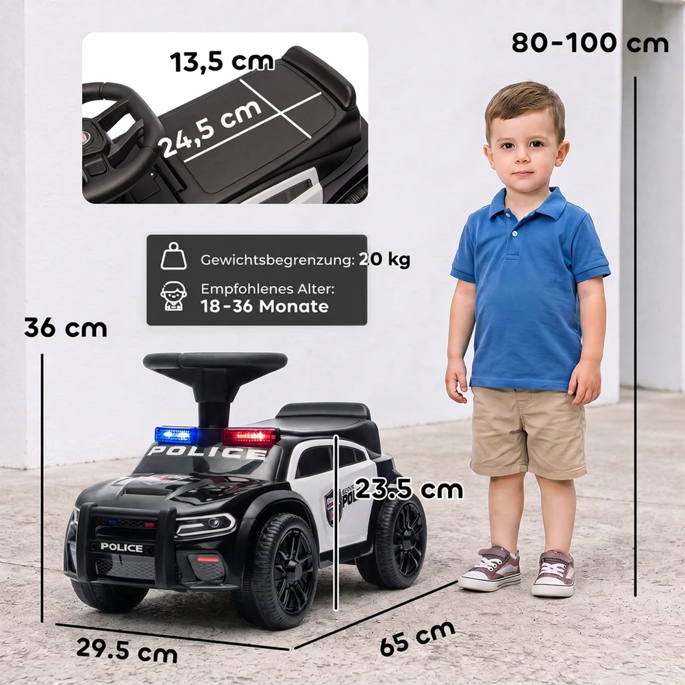 Paspiriama mašinėlė policijos dizaino su šviesa ir muzika, juoda, 65 × 29,5 × 36 cm