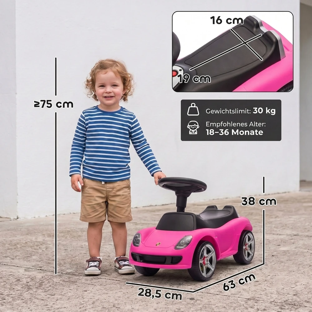 Paspiriama mašinėlė su licencijuotu „Porsche“ dizainu ir šviesos bei garso funkcijomis, rožinė, 63 x 28,5 x 38 cm