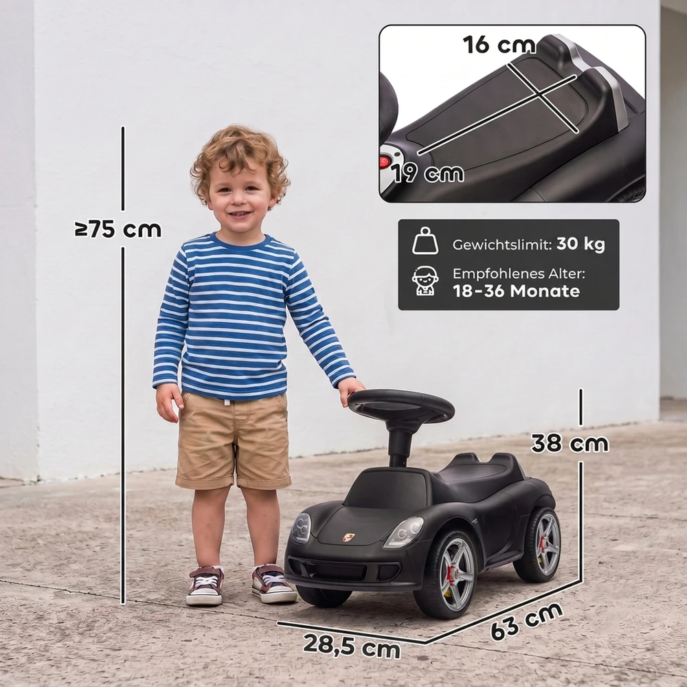 Paspiriama mašinėlė su „Porsche“ licencija ir šviesomis, matinė juoda, 63 × 28,5 × 38 cm