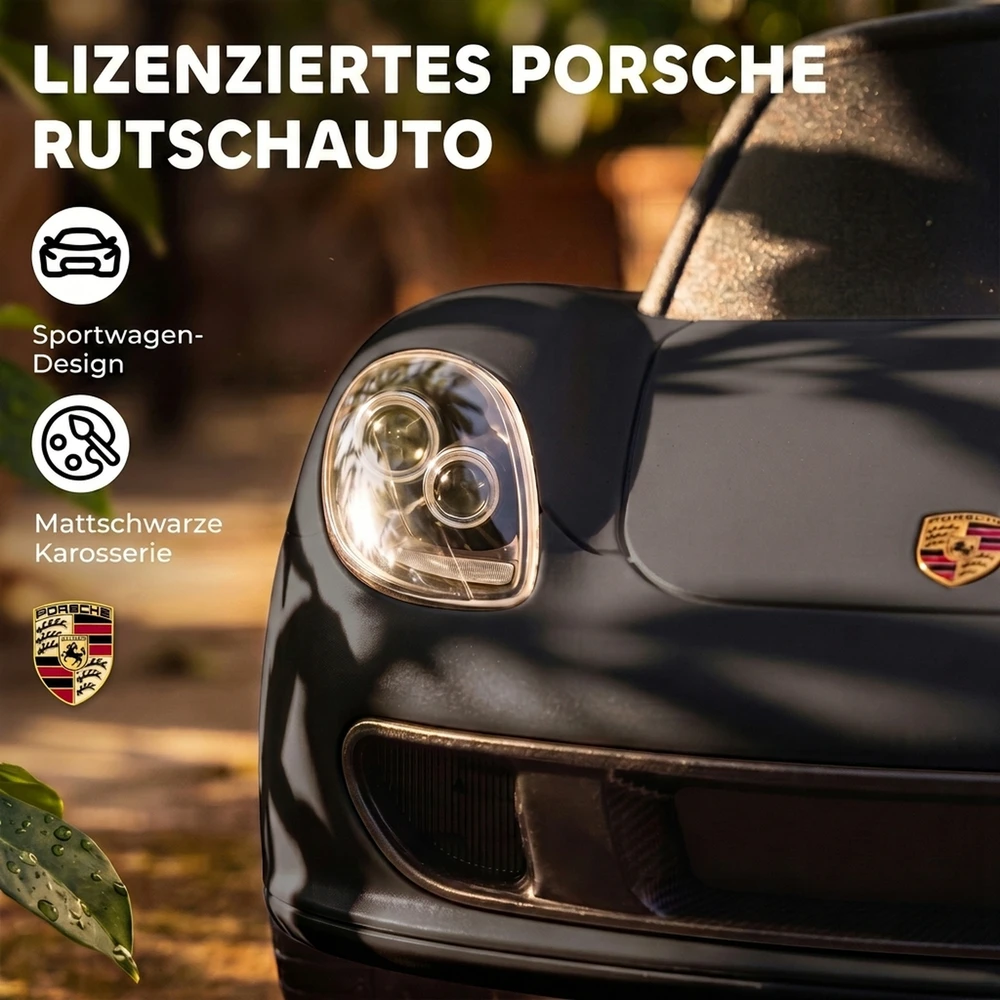 Paspiriama mašinėlė su „Porsche“ licencija ir šviesomis, matinė juoda, 63 × 28,5 × 38 cm