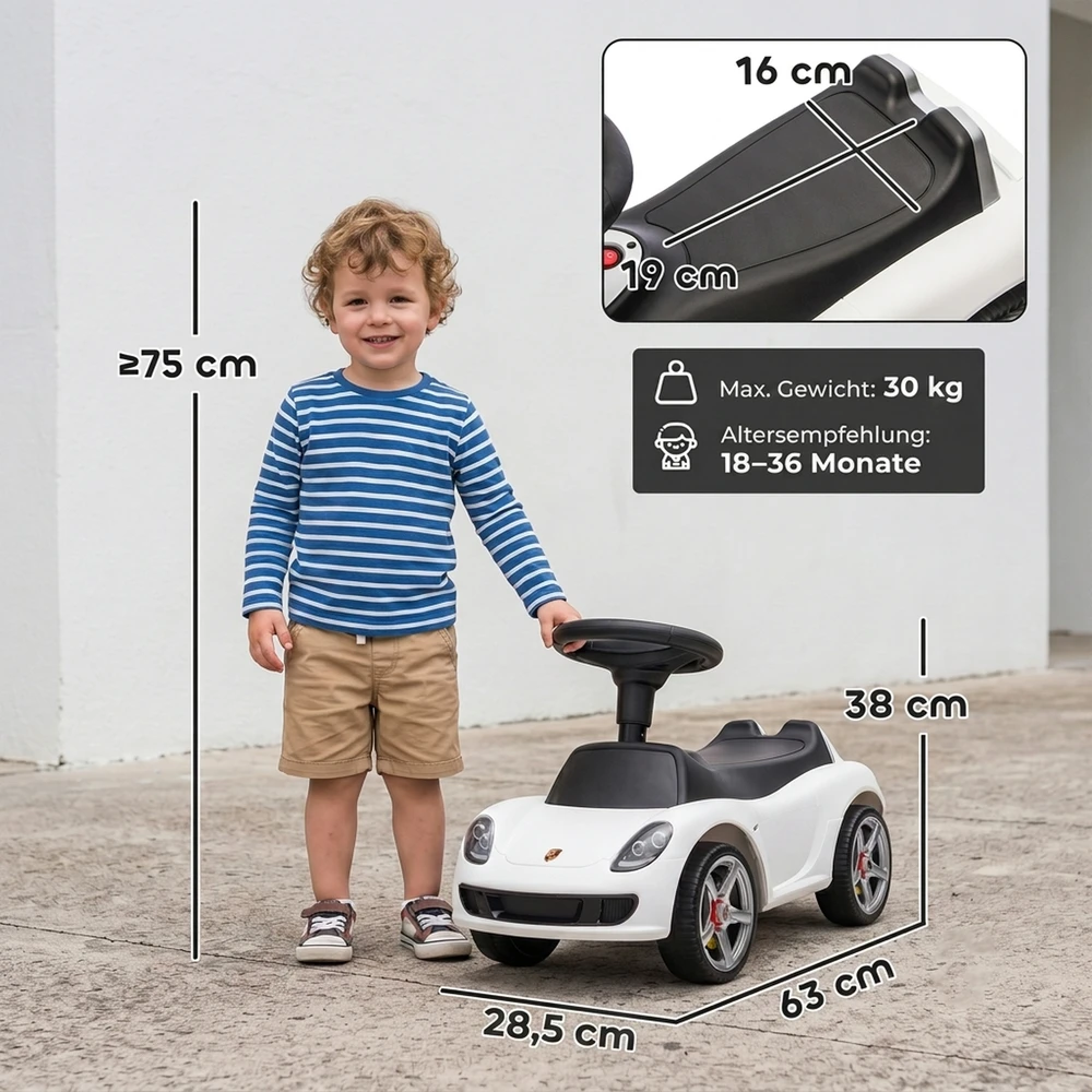 Paspiriama mašinėlė su „Porsche“ licencija ir šviesomis, balta, 63 x 28,5 x 38 cm