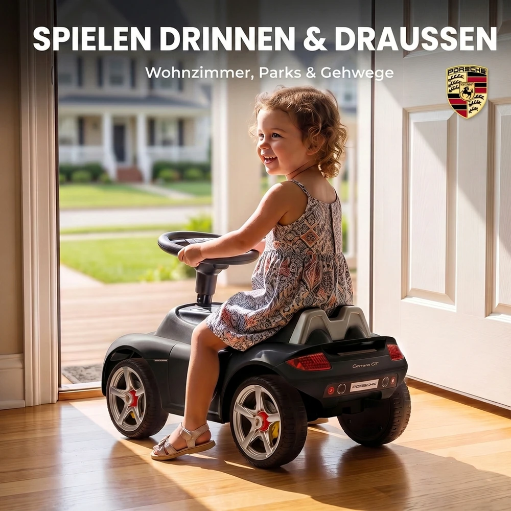 Paspiriama mašinėlė su „Porsche“ licencija ir šviesomis, matinė juoda, 63 × 28,5 × 38 cm