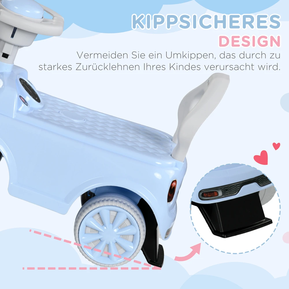 AIYAPLAY vaikiškas paspirtukas-mašinėlė, transporto priemonė su apsauga nuo apvirtimo, šviesiai mėlyna, 53 x 25 x 35 cm | Aosom