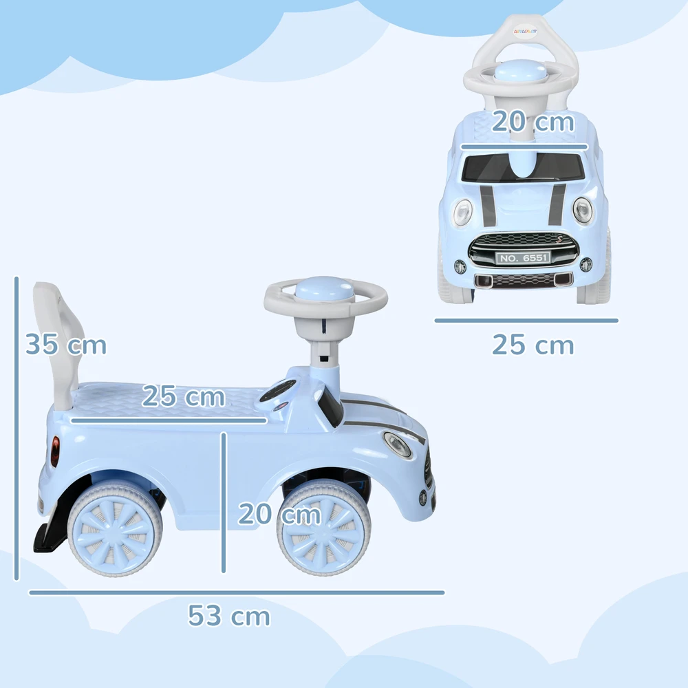 AIYAPLAY vaikiškas paspirtukas-mašinėlė, transporto priemonė su apsauga nuo apvirtimo, šviesiai mėlyna, 53 x 25 x 35 cm | Aosom
