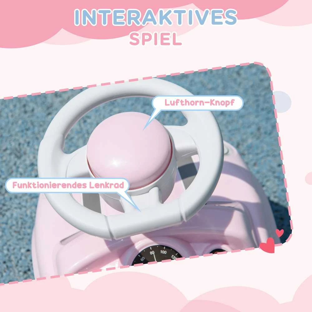 AIYAPLAY vaikiškas paspirtukas-mašinėlė, transporto priemonė vaikams, stumiamas automobilis su apsauga nuo apvirtimo, rožinė, 53 x 25 x 35 cm | Aosom