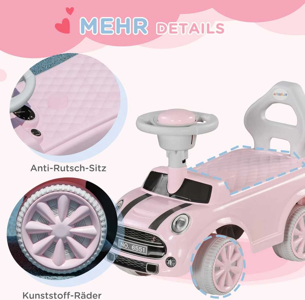 AIYAPLAY vaikiškas paspirtukas-mašinėlė, transporto priemonė vaikams, stumiamas automobilis su apsauga nuo apvirtimo, rožinė, 53 x 25 x 35 cm | Aosom