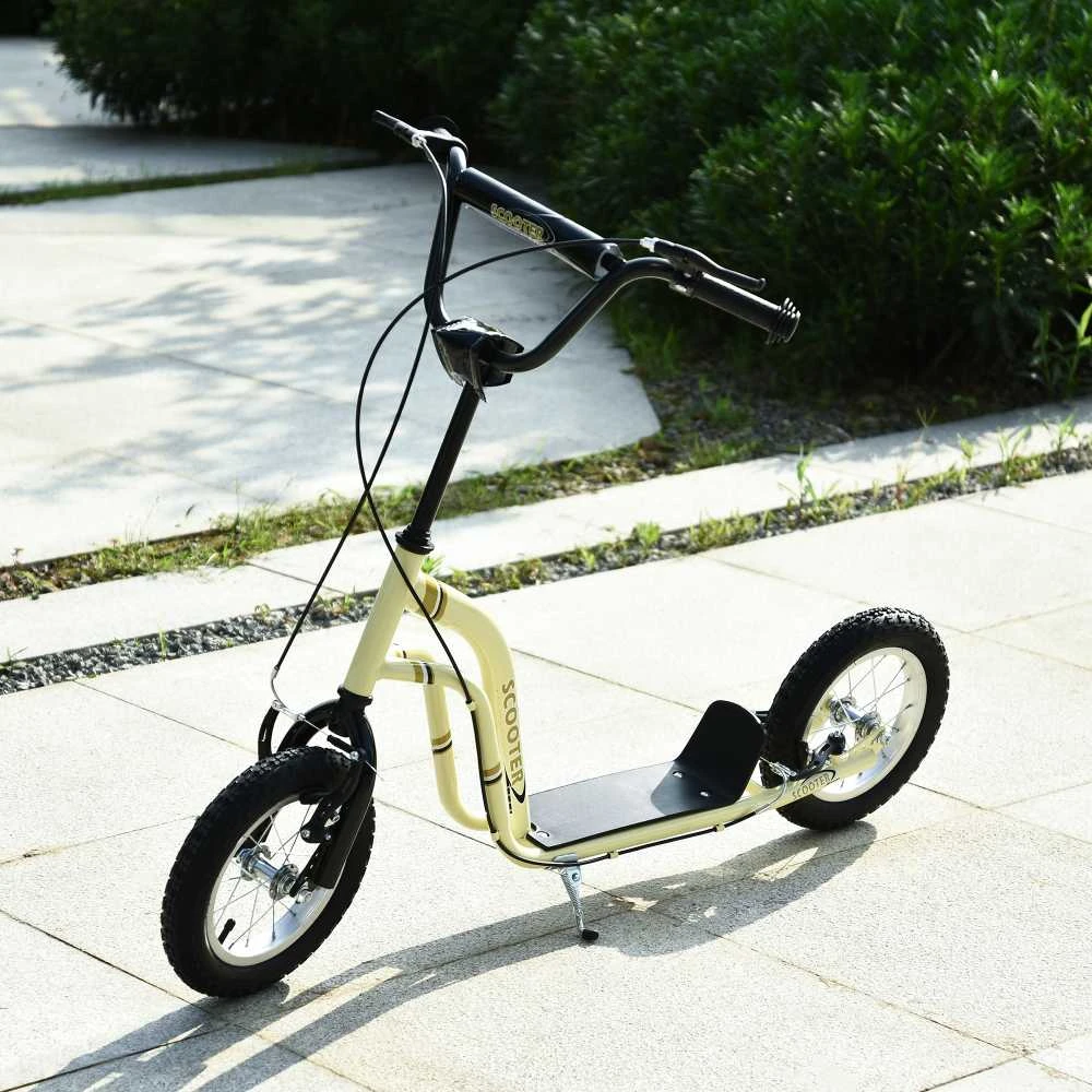 HOMCOM vaikiškas paspirtukas nuo 5 metų, motoroleris su 12 colių pripučiamais guminiais ratais, smėlio spalvos, 120 x 58 x 85-95 cm