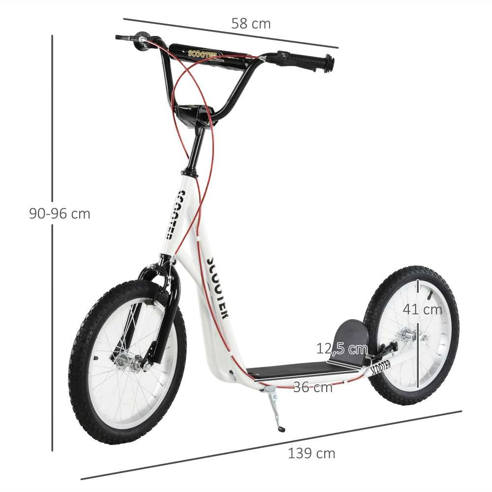 HOMCOM paspirtukas vaikams, miesto paspirtukas, 16 colių pripučiami ratai, su rankiniu stabdžiu, atsparus vandeniui, sulankstomas, nuo 5 metų, baltas, 139 x 58 x 90-96 cm