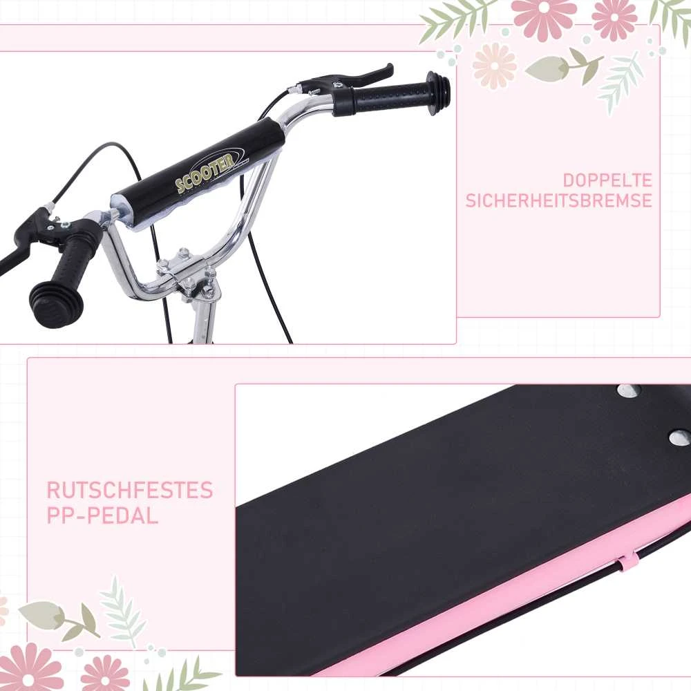 HOMCOM Vaikiškas paspirtukas su stabdžiais 16/12 colių paspirtukas pedalinis paspirtukas miesto paspirtukas vaikų paspirtukas kickboard 5+ metų vaikams rožinis 135 x 58 x 92-100 cm