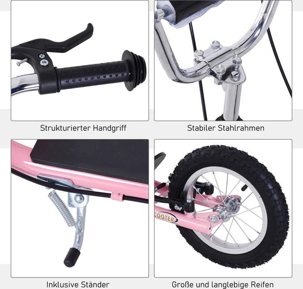HOMCOM Vaikiškas paspirtukas su stabdžiais 16/12 colių paspirtukas pedalinis paspirtukas miesto paspirtukas vaikų paspirtukas kickboard 5+ metų vaikams rožinis 135 x 58 x 92-100 cm