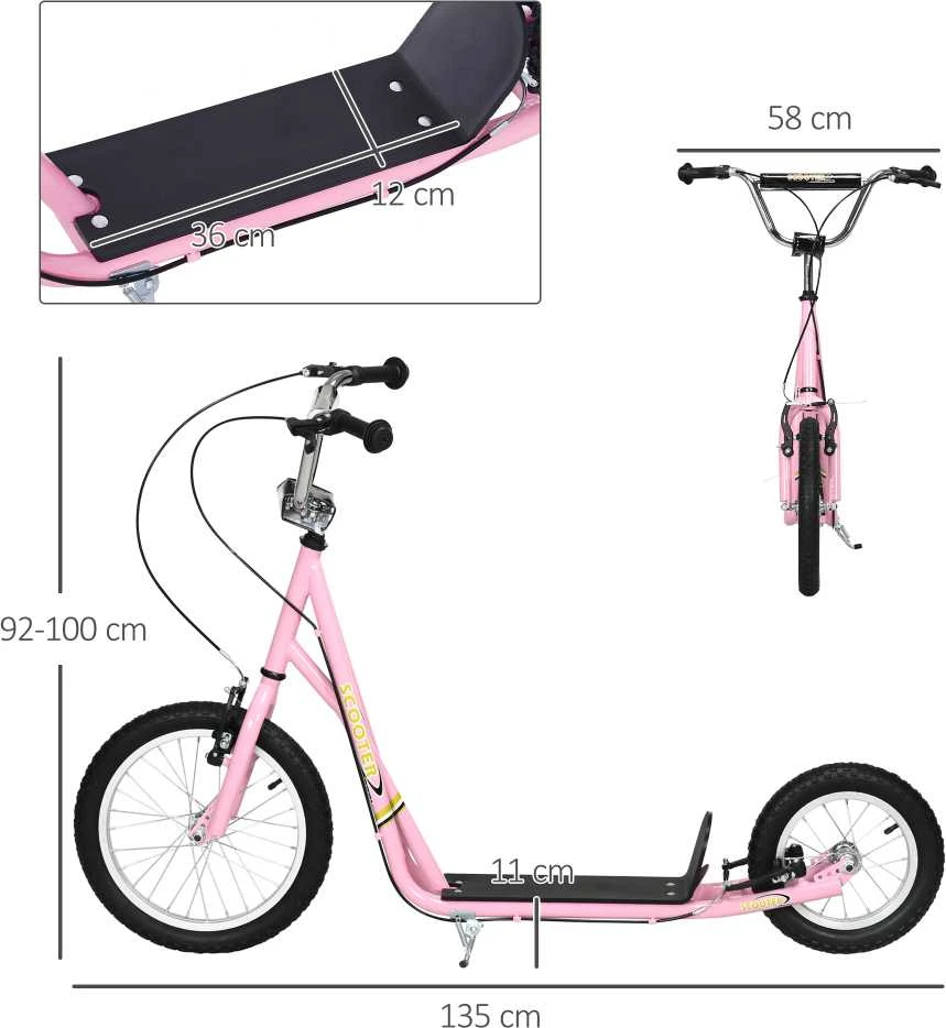 HOMCOM Vaikiškas paspirtukas su stabdžiais 16/12 colių paspirtukas pedalinis paspirtukas miesto paspirtukas vaikų paspirtukas kickboard 5+ metų vaikams rožinis 135 x 58 x 92-100 cm